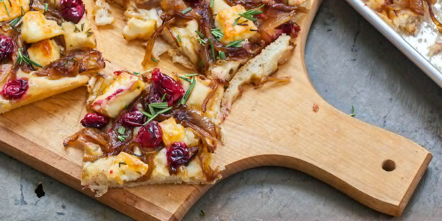 Focaccia with Caramelized Onions, Cranberries, and Brie